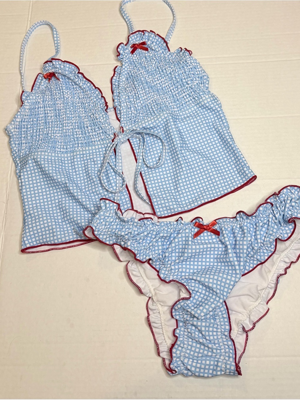 Coquette Light Blue Gingham Smocked Tie Front Tankini Ruffle Set Red Trim Flirt
